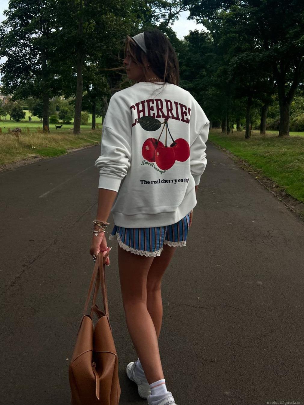 Women's Casual Cotton Round Neck Long Sleeve Sweatshirt With Cherry Letter Print Fashion Loose Pullover Top Autumn Streetwear Apparel