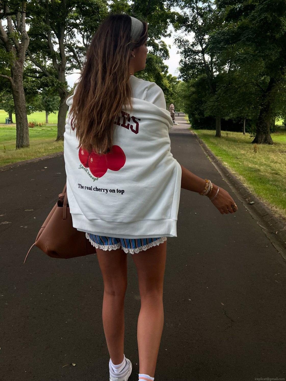 Women's Casual Cotton Round Neck Long Sleeve Sweatshirt With Cherry Letter Print Fashion Loose Pullover Top Autumn Streetwear Apparel