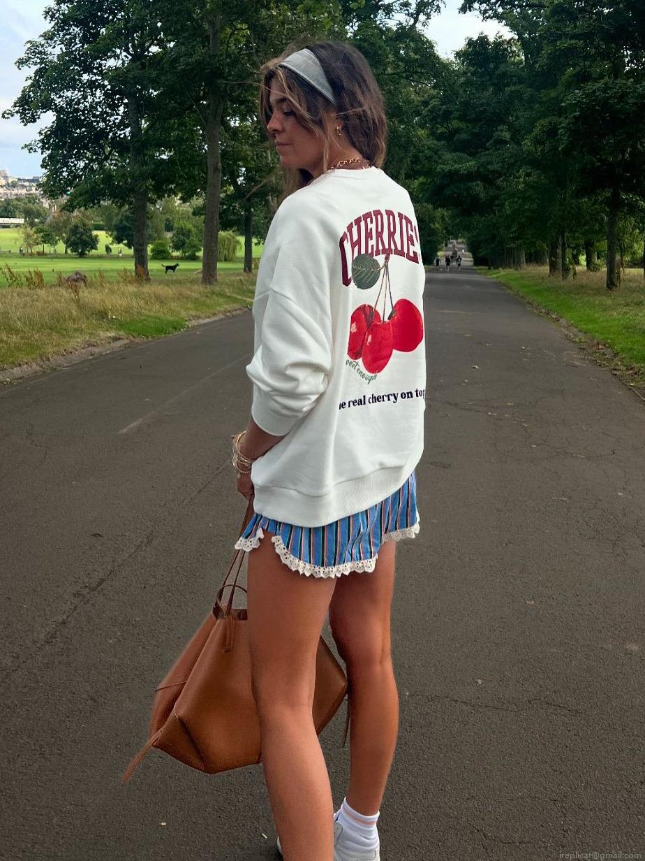 Women's Casual Cotton Round Neck Long Sleeve Sweatshirt With Cherry Letter Print Fashion Loose Pullover Top Autumn Streetwear Apparel