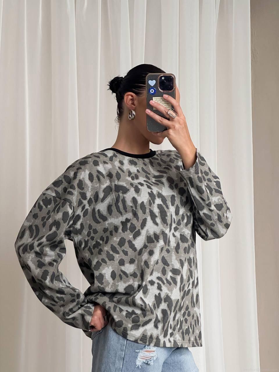 Women's Leopard Print Sweatshirt Long Sleeve Pullover American Street Style Loose Fit Round Neck Autumn Cotton Blend Casual Trendy Top