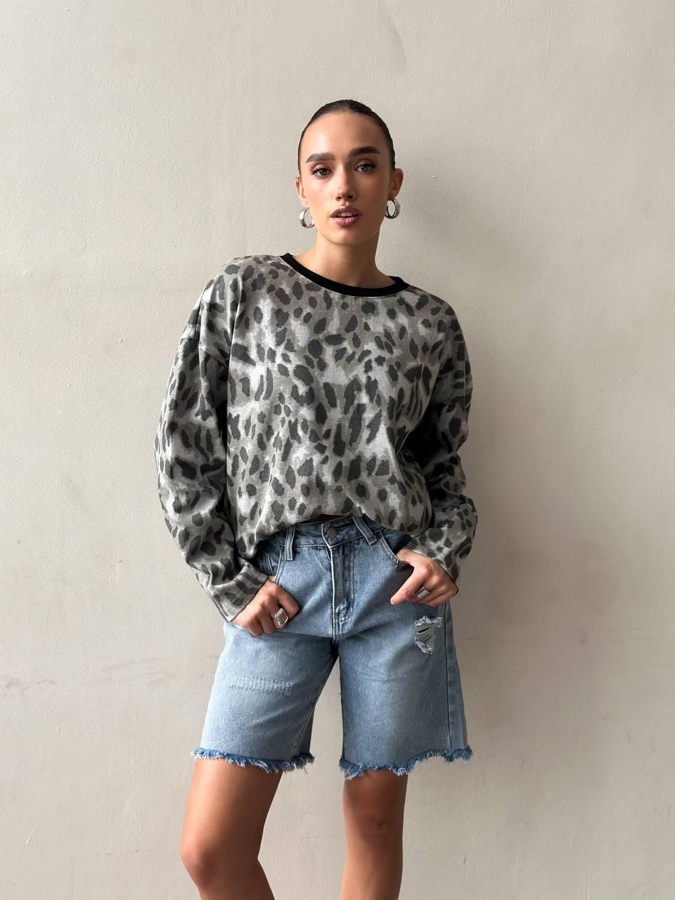 Women's Leopard Print Sweatshirt Long Sleeve Pullover American Street Style Loose Fit Round Neck Autumn Cotton Blend Casual Trendy Top