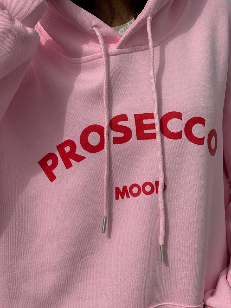 Women's Pink Prosecco Mood Letter Printed Hoodie Loose Fit Cotton Blend Long Sleeve Hooded Sweatshirt For Casual Streetwear Autumn Winter