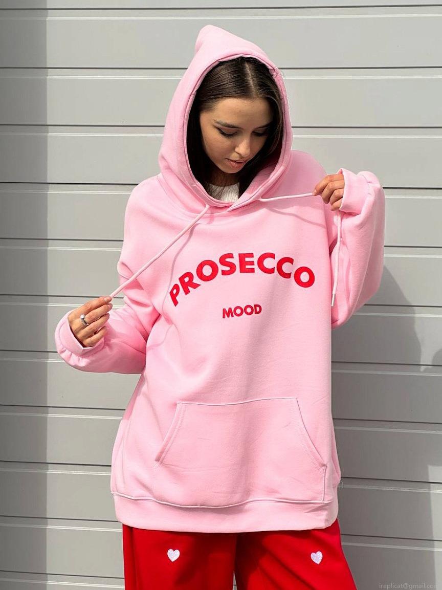 Women's Pink Prosecco Mood Letter Printed Hoodie Loose Fit Cotton Blend Long Sleeve Hooded Sweatshirt For Casual Streetwear Autumn Winter