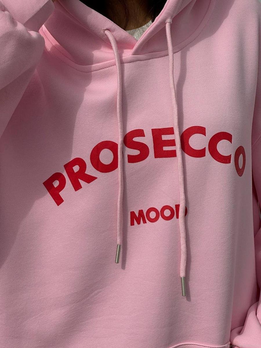 Women's Pink Prosecco Mood Letter Printed Hoodie Loose Fit Cotton Blend Long Sleeve Hooded Sweatshirt For Casual Streetwear Autumn Winter