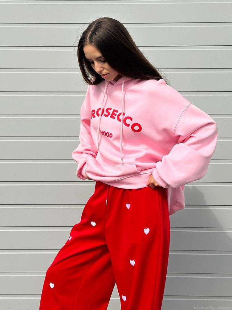 Women's Pink Prosecco Mood Letter Printed Hoodie Loose Fit Cotton Blend Long Sleeve Hooded Sweatshirt For Casual Streetwear Autumn Winter