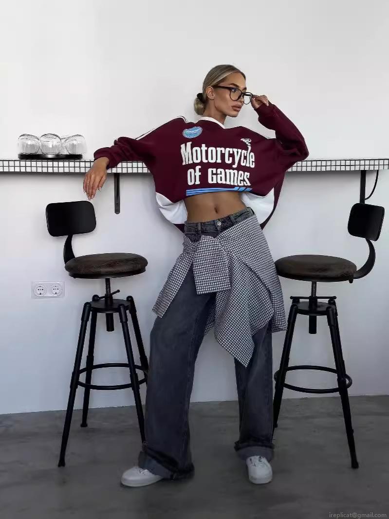 Women's Vintage Letter Print Round Neck Sweatshirt Cotton Blend Long Sleeve Pullover Loose Fit Streetwear Autumn Casual Wine Red Top