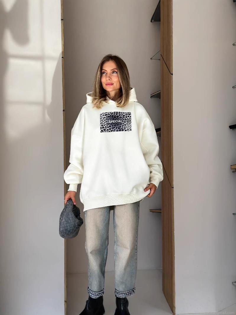 Women's Oversized Leopard Print Patchwork Hoodie Cotton Blend Long Sleeve Letter Printed Pullover Sweatshirt Streetwear Casual Loose Top