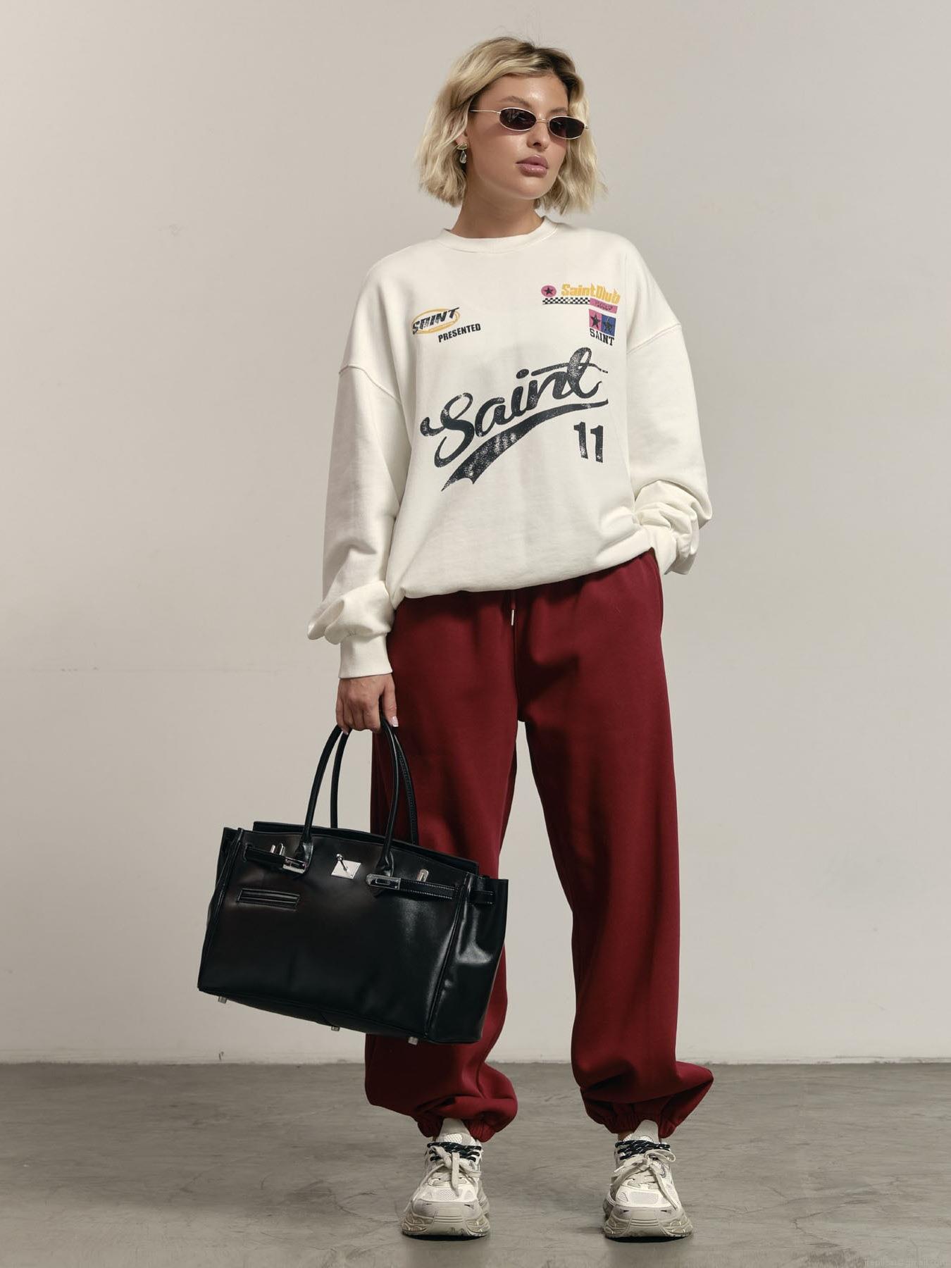 Women's Oversized American Streetwear Sweatshirt Cotton Blend Letter Printed Round Neck Long Sleeve Retro Casual Pullover Top