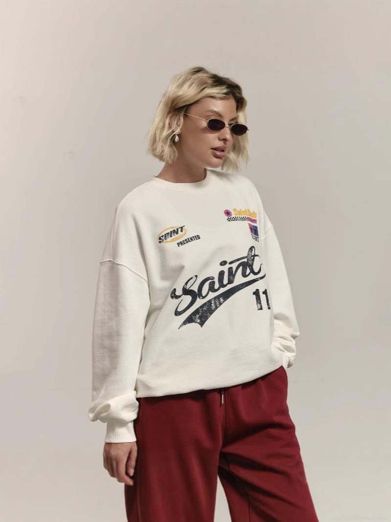 Women's Oversized American Streetwear Sweatshirt Cotton Blend Letter Printed Round Neck Long Sleeve Retro Casual Pullover Top