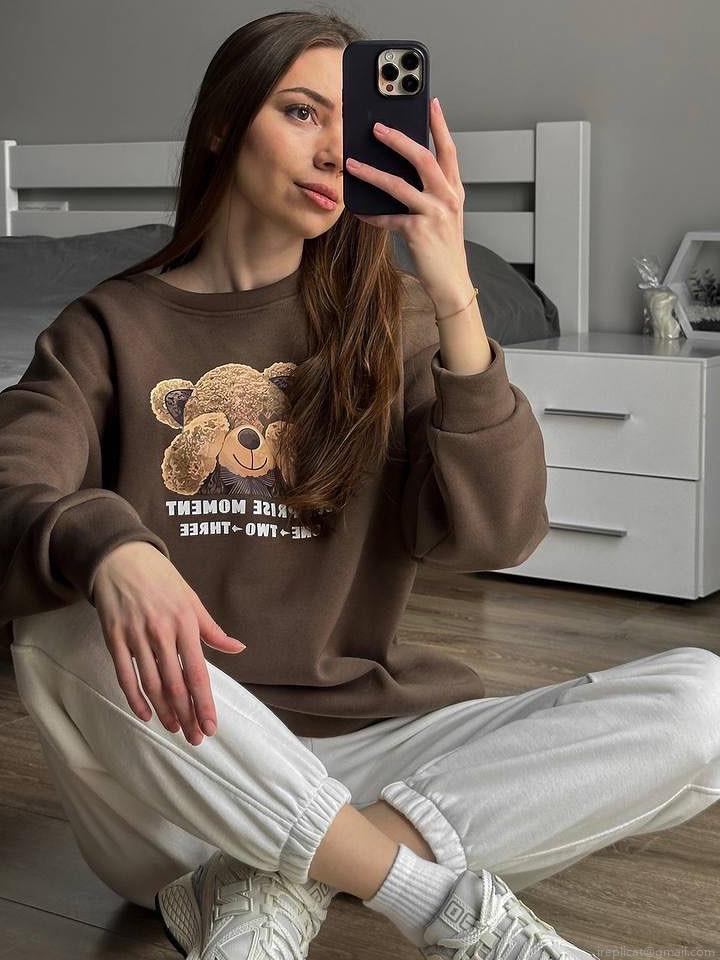 Women's Casual Bear Print Round Neck Pullover Sweatshirt Long Sleeve Oversized Cotton Blend Jumper Streetwear Jumper Top