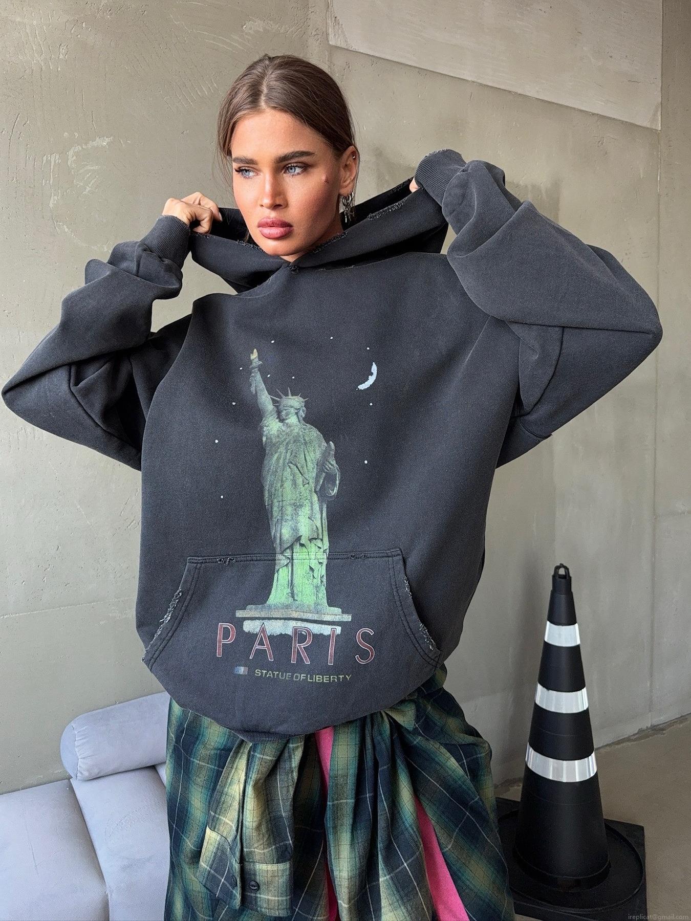 Women Oversized Hoodie Cotton Blend American Streetwear Vintage Washed Charcoal Gray Hoodie Paris Statue Of Liberty Print Distressed Edges Pullover Sweatshirt