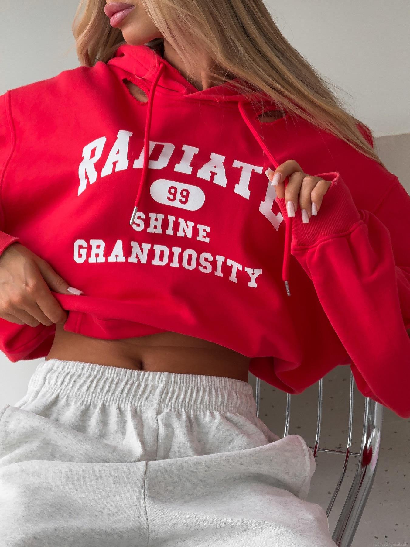 Women Streetwear Red Cropped Hoodie Distressed Torn Design Pullover Long Sleeve Cotton Blend Hooded Sweatshirt For Women Daily Party Casual Style