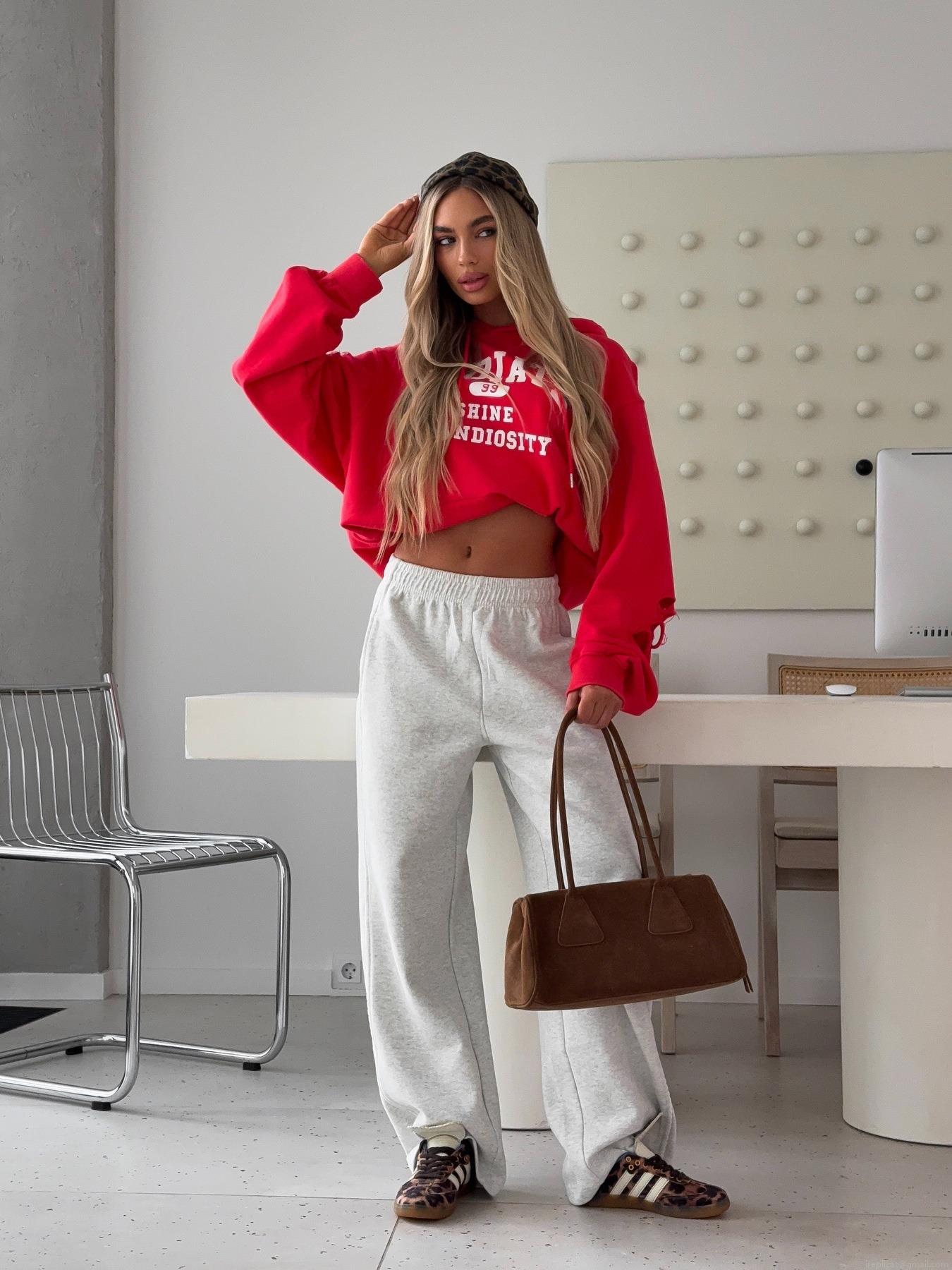 Women Streetwear Red Cropped Hoodie Distressed Torn Design Pullover Long Sleeve Cotton Blend Hooded Sweatshirt For Women Daily Party Casual Style