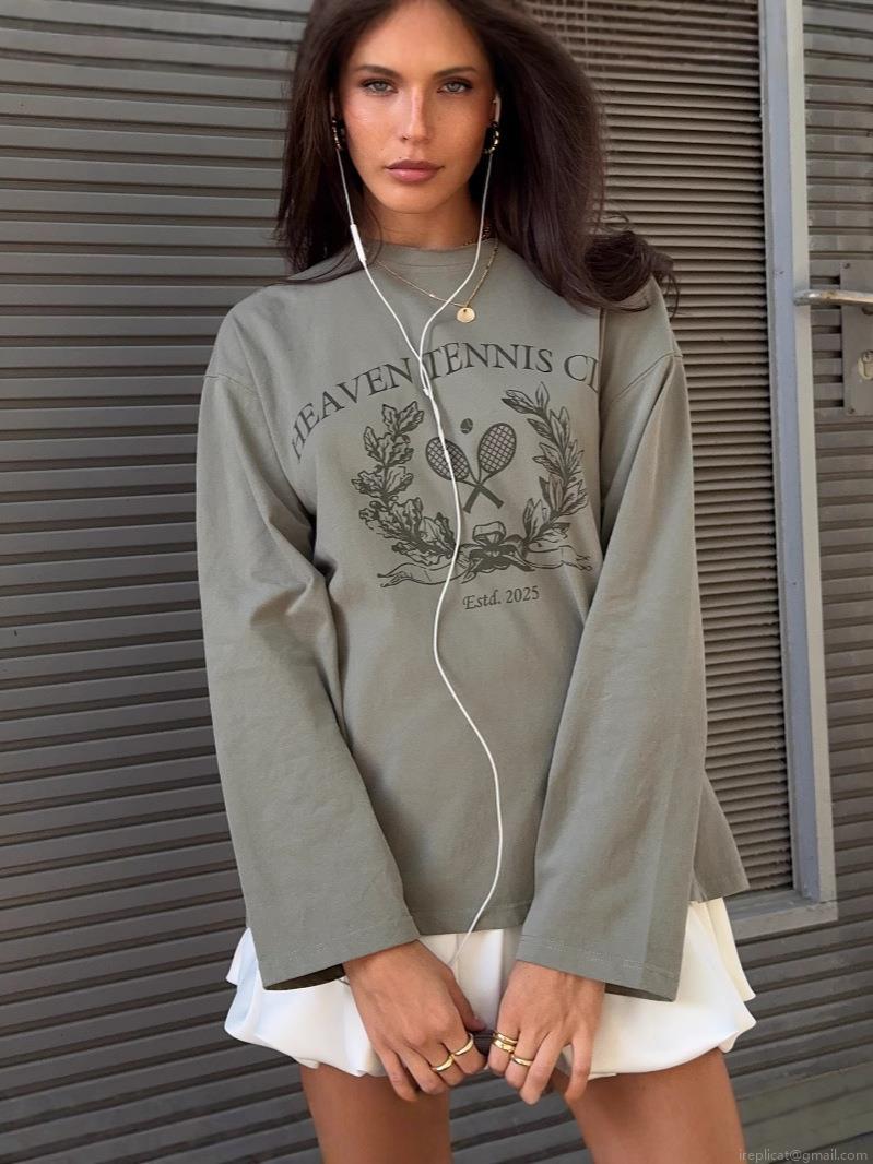 Women's Retro Heaven Tennis Club Print Sweatshirt 100% Cotton Loose Fit Crew Neck Long Sleeve Pullover American Streetwear Casual Top For Women