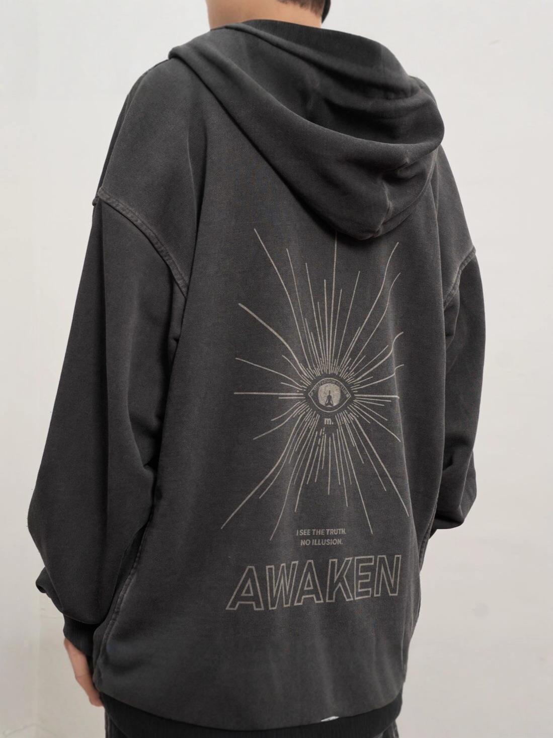 Women's Oversized Washed Heavyweight Cotton Hoodie Streetwear Distressed Graphic Letter Print Hooded Sweatshirt With AWAKEN Patch Retro High Street Top For Men Women