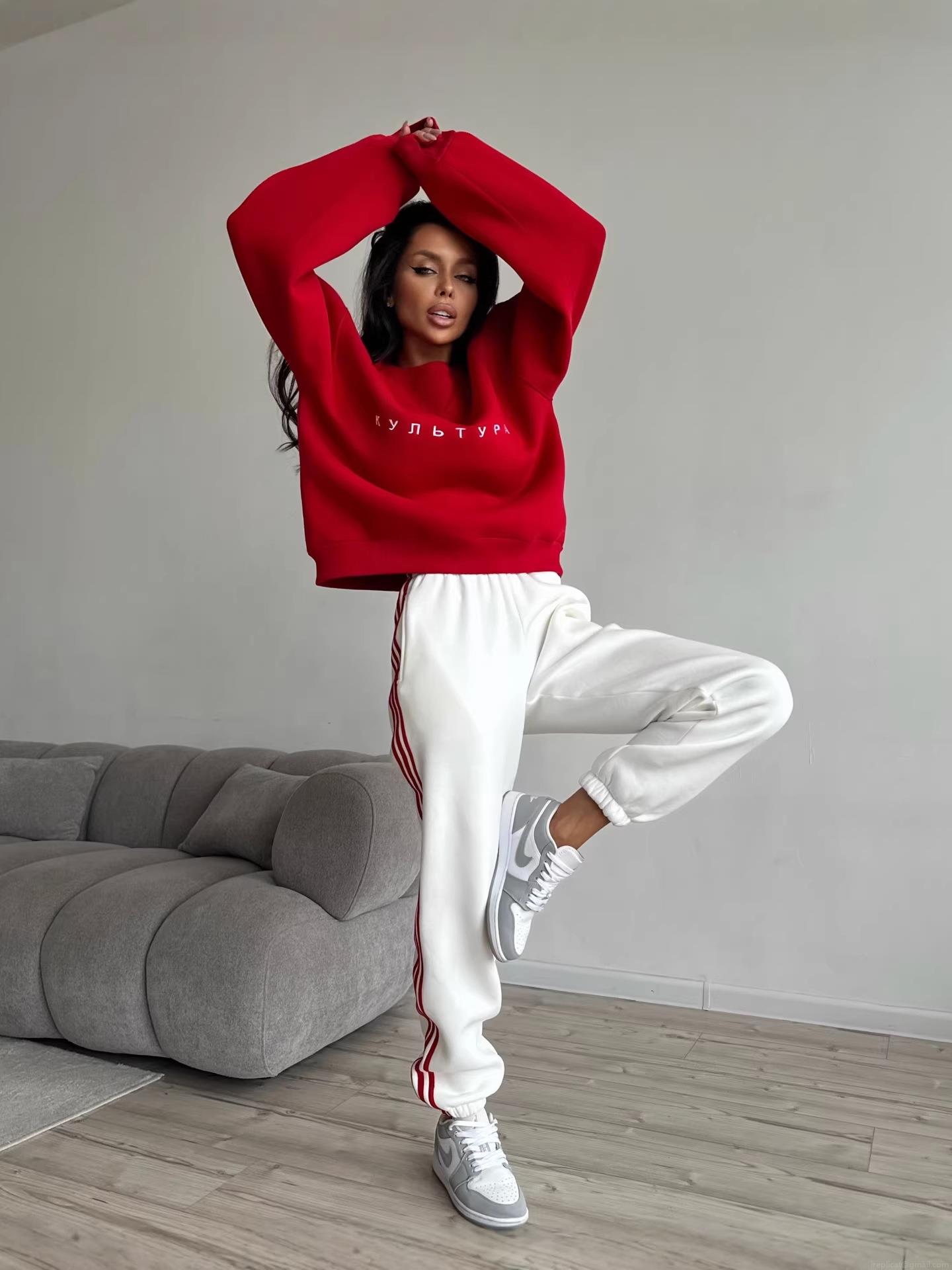 Women Round Neck Pullover Sweatshirt 100% Cotton Letter Embroidery Loose Fit Long Sleeve Top Casual Streetwear Sweatshirt For Women Autumn Spring Red