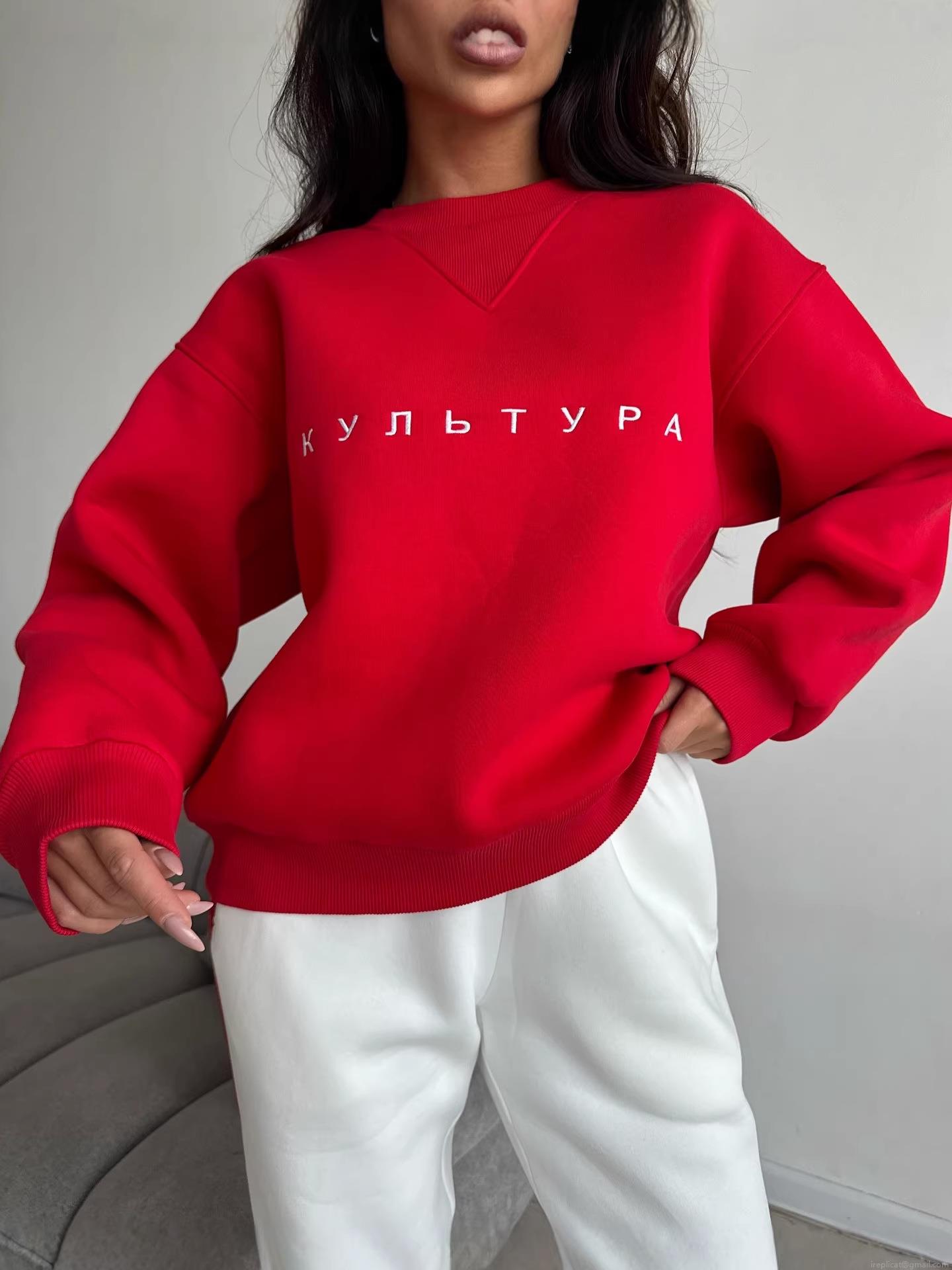 Women Round Neck Pullover Sweatshirt 100% Cotton Letter Embroidery Loose Fit Long Sleeve Top Casual Streetwear Sweatshirt For Women Autumn Spring Red