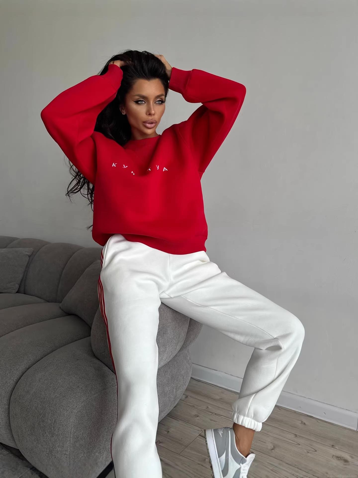 Women Round Neck Pullover Sweatshirt 100% Cotton Letter Embroidery Loose Fit Long Sleeve Top Casual Streetwear Sweatshirt For Women Autumn Spring Red