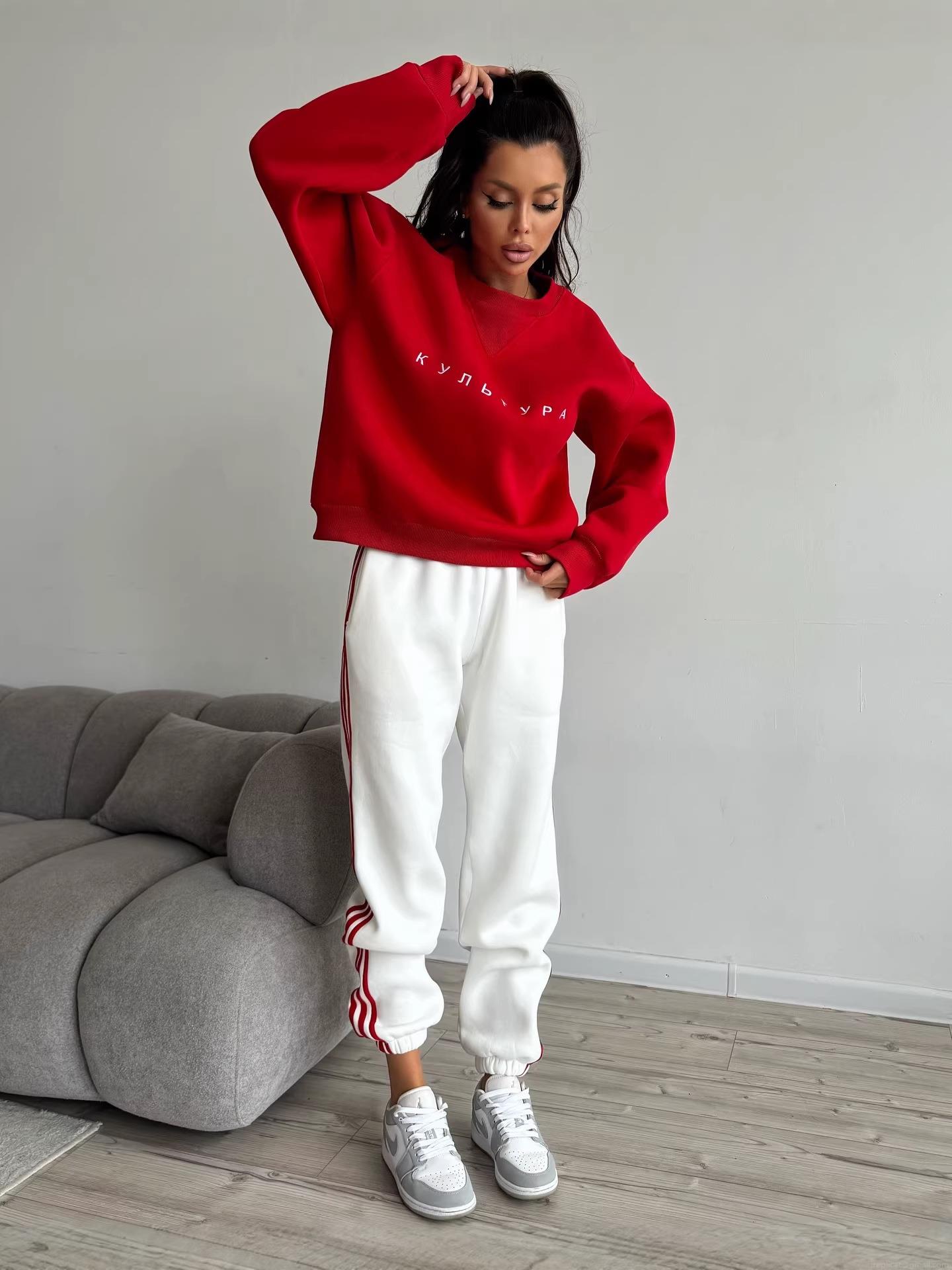 Women Round Neck Pullover Sweatshirt 100% Cotton Letter Embroidery Loose Fit Long Sleeve Top Casual Streetwear Sweatshirt For Women Autumn Spring Red