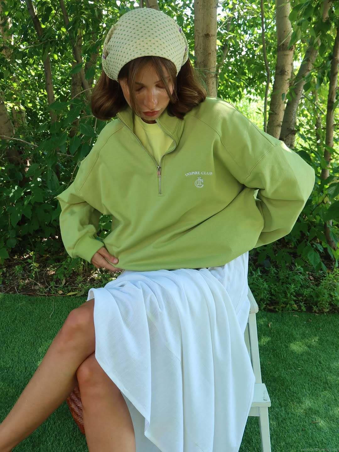 Women's Half-Zip Cotton Sweatshirt Loose Avocado Green Long Sleeve Pullover Early Autumn Streetwear Casual Sports Outdoor Ladies Sporty Top With Embroidery Logo