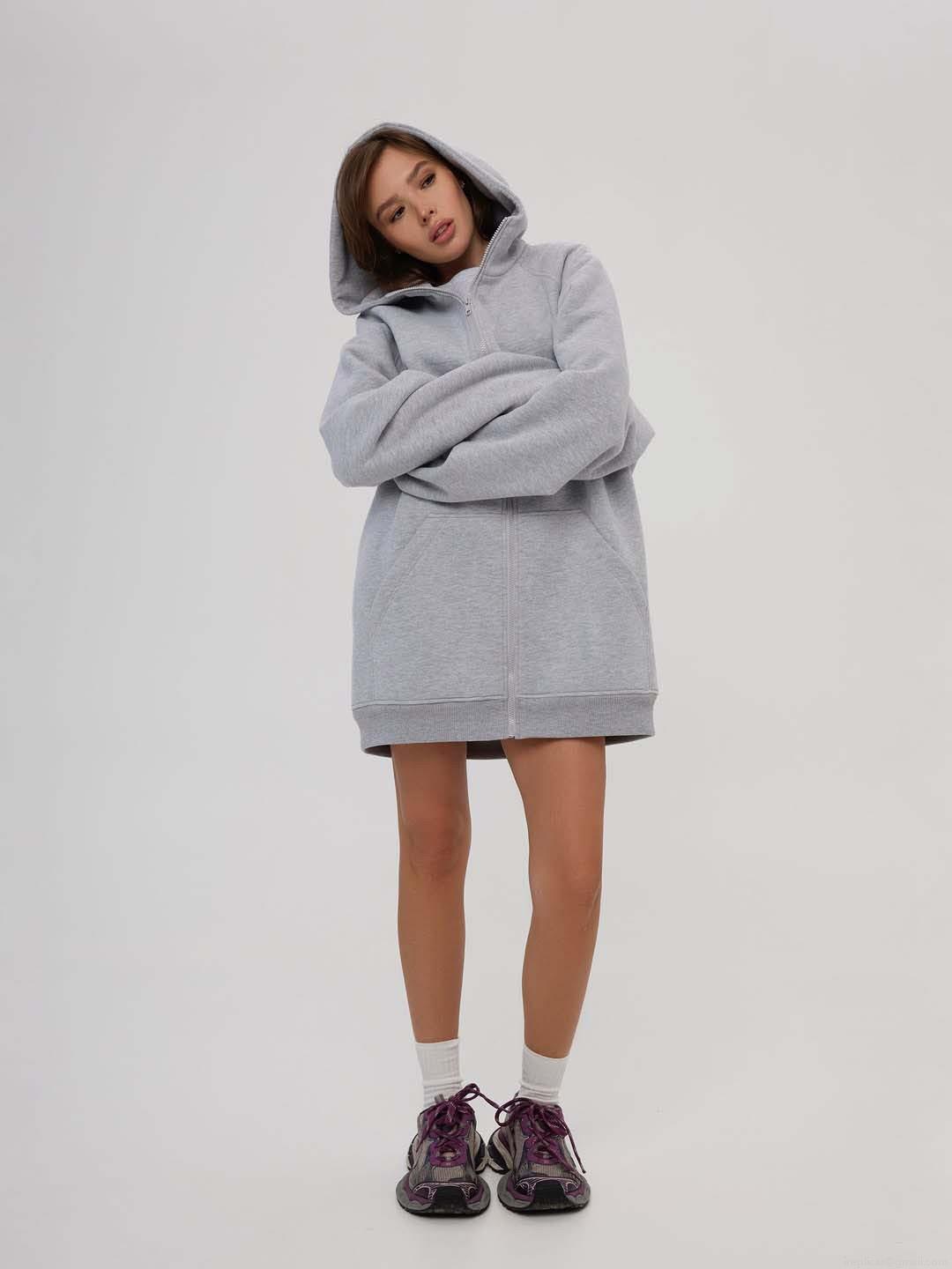 Women's Oversized Zip Up Hooded Sweatshirt 100% Cotton Long Sleeve Drop Shoulder Solid Color Streetwear Casual Jacket Autumn Winter Outerwear For Women