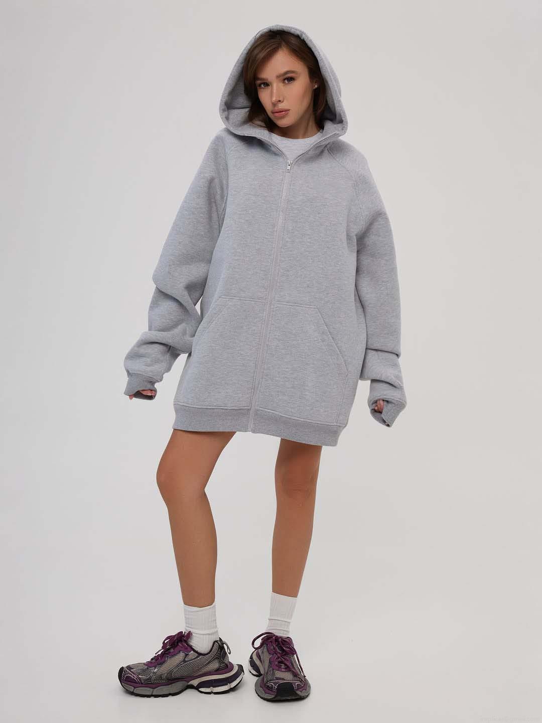 Women's Oversized Zip Up Hooded Sweatshirt 100% Cotton Long Sleeve Drop Shoulder Solid Color Streetwear Casual Jacket Autumn Winter Outerwear For Women