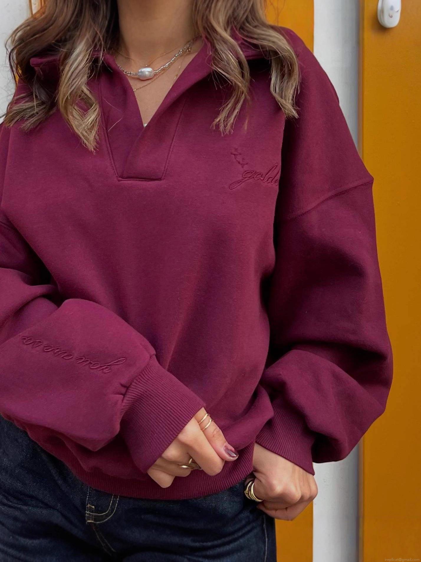Women's 100% Cotton Polo Collar Sweatshirt With Letter Embroidery Oversized Long Sleeve Pullover Fall Winter European Streetwear Fashion Loose Top