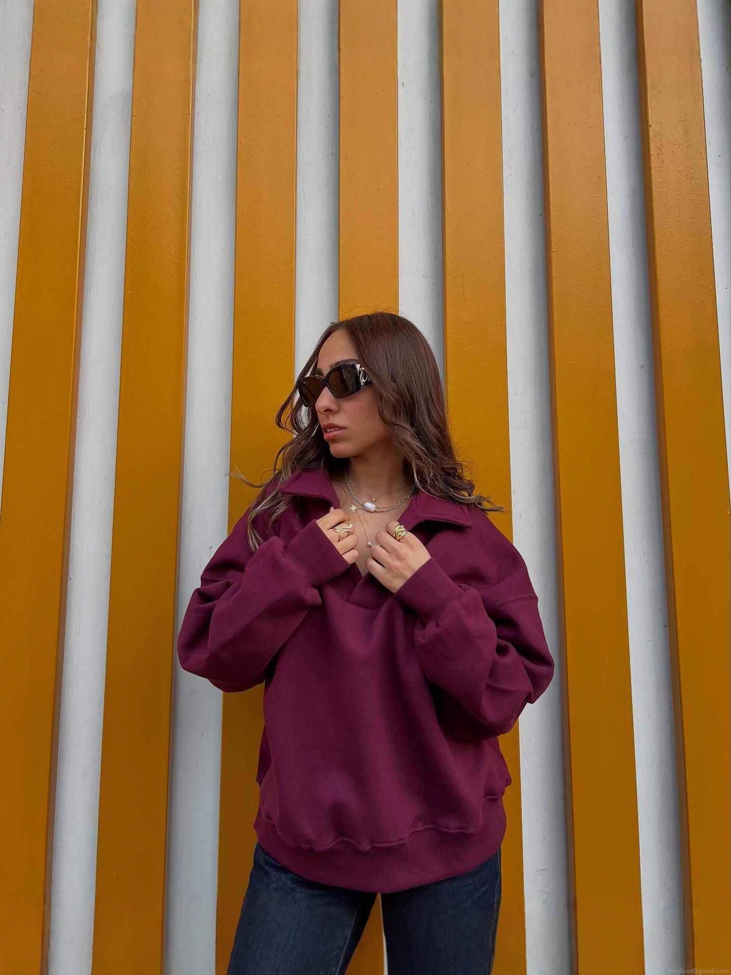 Women's 100% Cotton Polo Collar Sweatshirt With Letter Embroidery Oversized Long Sleeve Pullover Fall Winter European Streetwear Fashion Loose Top
