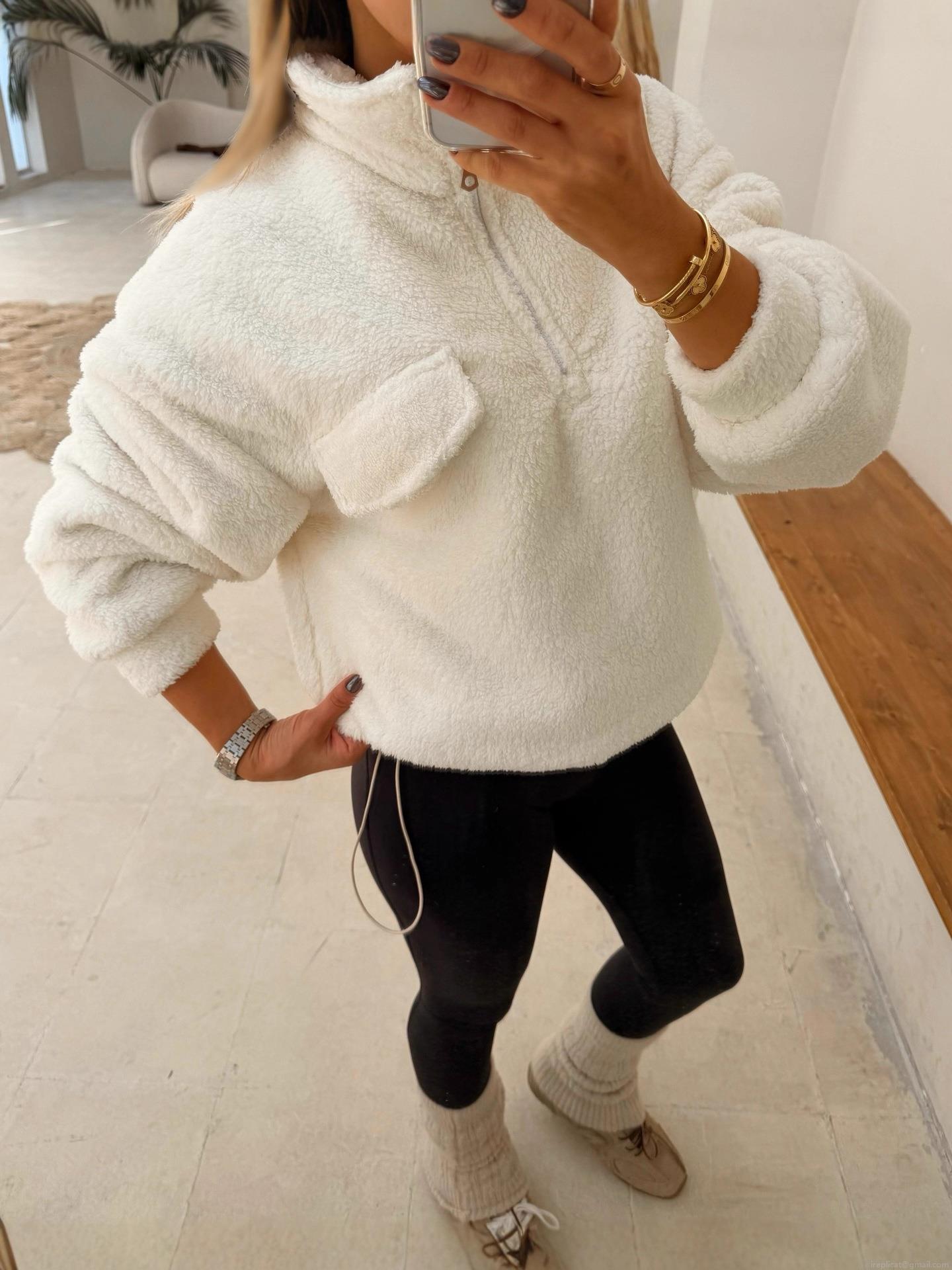 Women's Half Zip Fleece Sweatshirt Loose 100 Cotton Warm Stand Collar Pullover Jacket With Chest Pocket Casual Winter Solid Color Outerwear