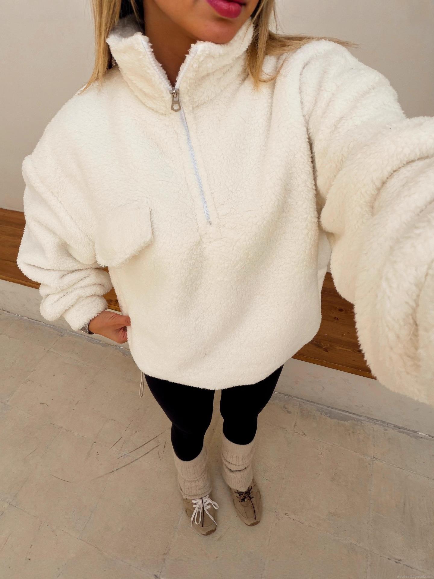 Women's Half Zip Fleece Sweatshirt Loose 100 Cotton Warm Stand Collar Pullover Jacket With Chest Pocket Casual Winter Solid Color Outerwear