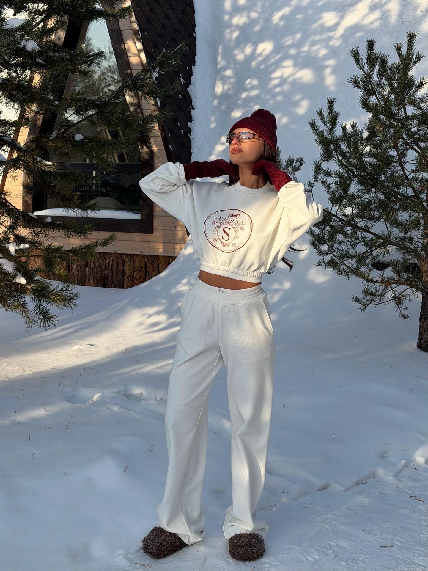 Women's Loose Fit Knitted Cotton Sweatshirt Letter Print Round Neck Long Sleeve Short Pullover Top Casual Streetwear Outdoor Fashion