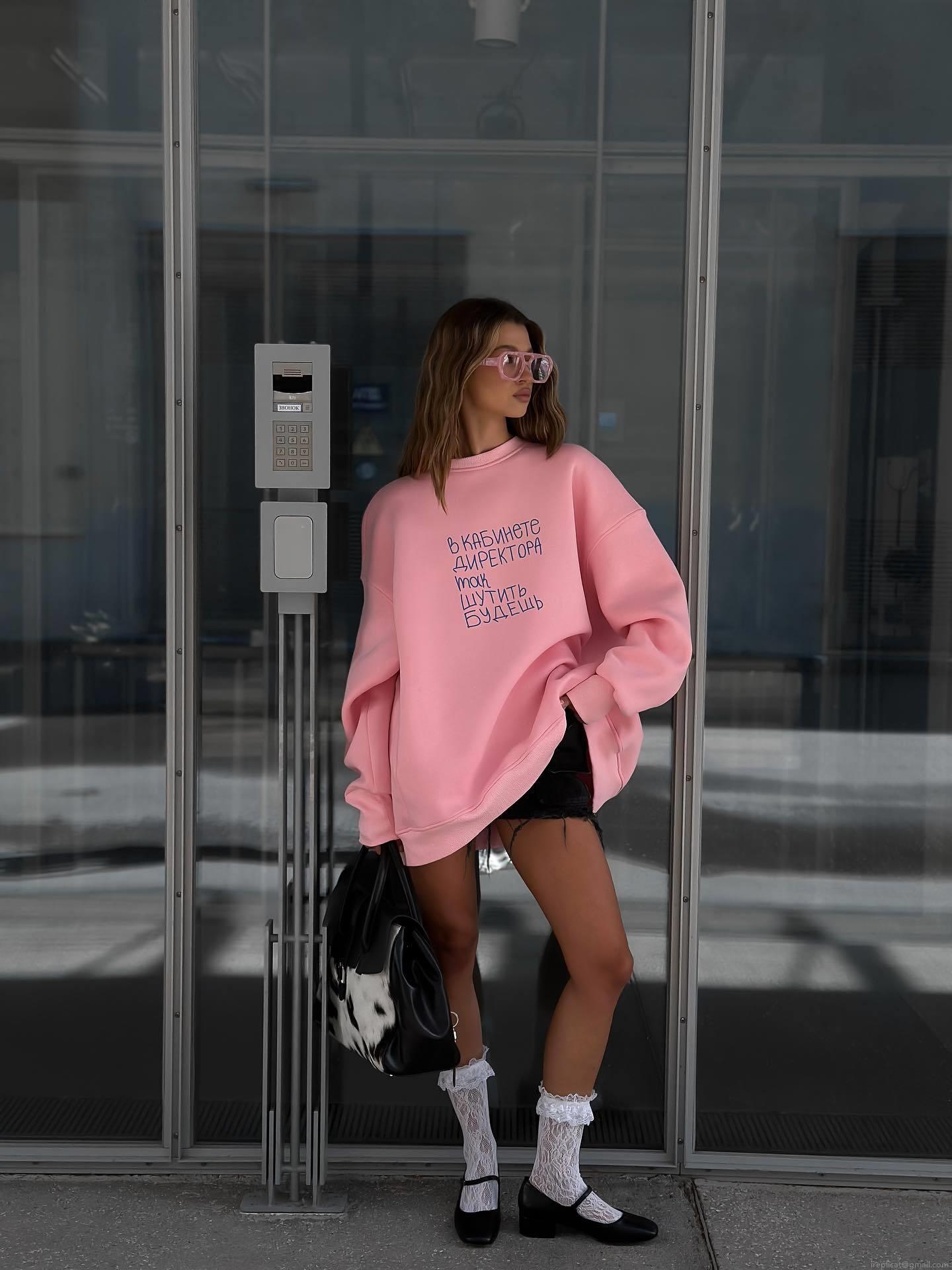 Women's Oversized Pink Sweatshirt Russian Letter Print Cotton Fleece Lined Pullover Round Neck Long Sleeve Casual Streetwear Top for Autumn Winter
