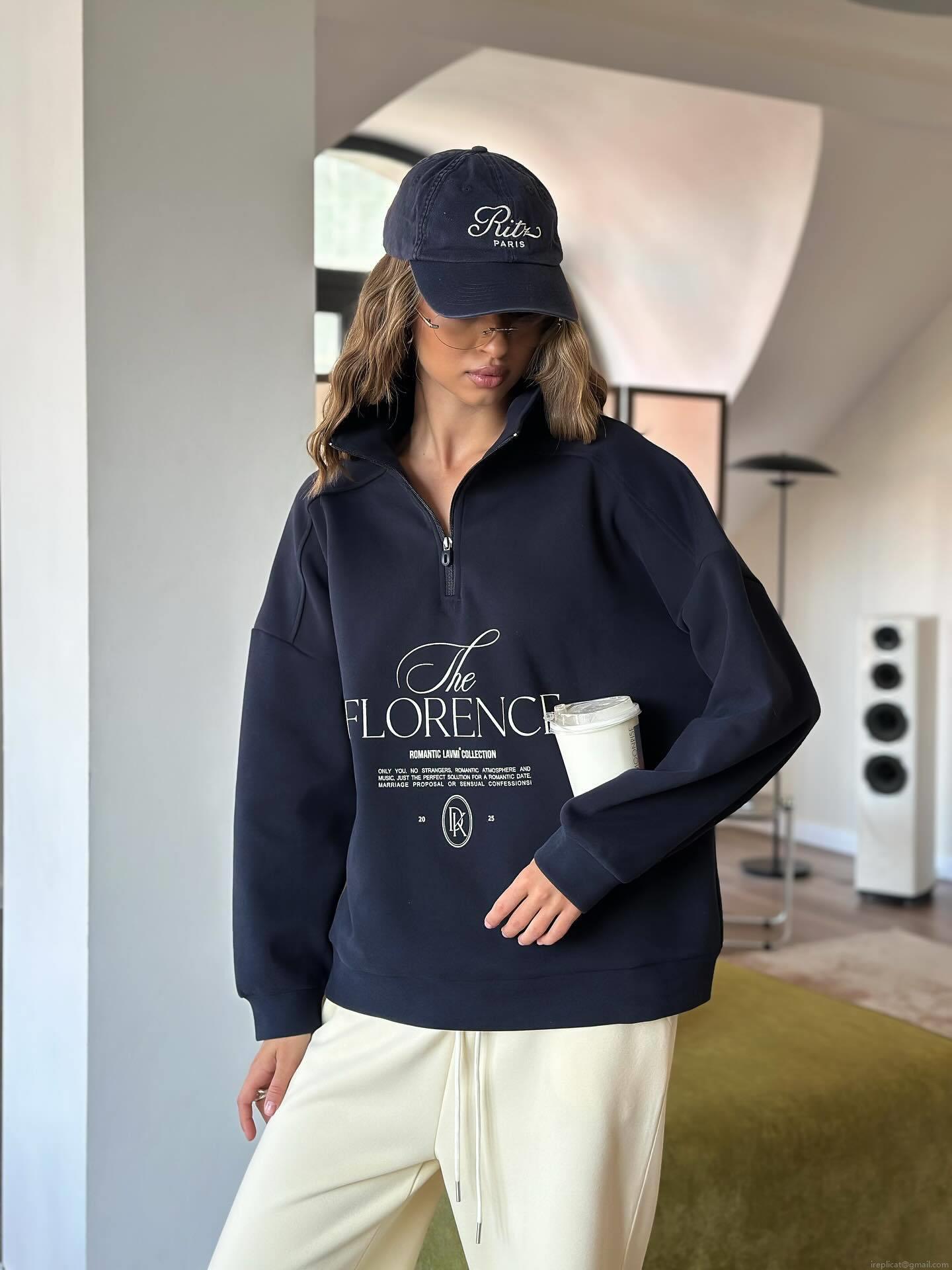Women's Oversized Half Zip Sweatshirt Cotton Blend Lapel Long Sleeve Pullover With The FLORENCE Letter Print Streetwear Fall Winter Casual Loose Top