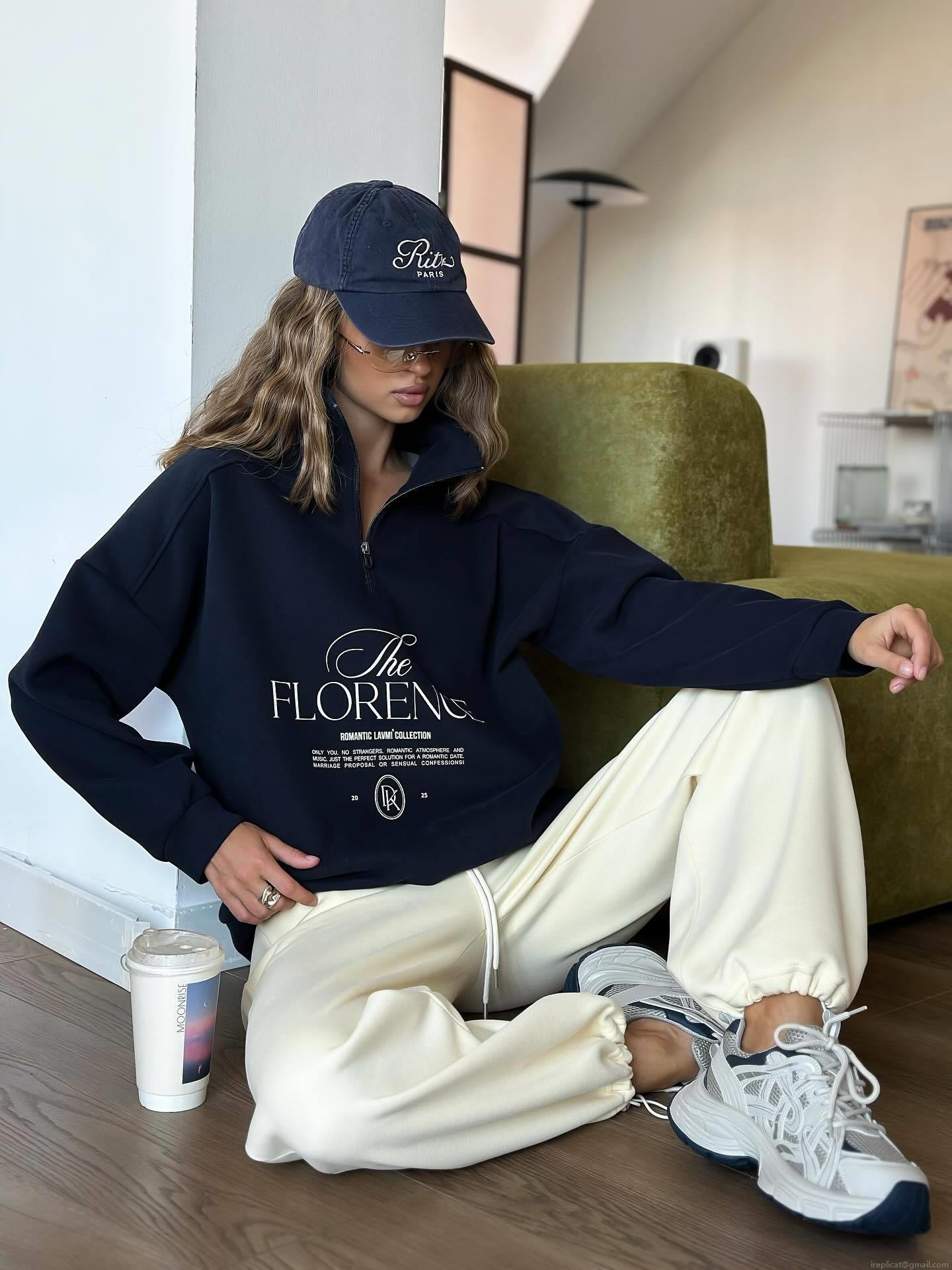 Women's Oversized Half Zip Sweatshirt Cotton Blend Lapel Long Sleeve Pullover With The FLORENCE Letter Print Streetwear Fall Winter Casual Loose Top