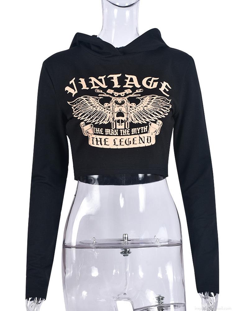 Women's Vintage Motorcycle Eagle Print Cropped Hoodie Sexy Long Sleeve Midriff Baring Sweatshirt Cotton Blend Hooded Top For Streetwear Fashion Casual Wear