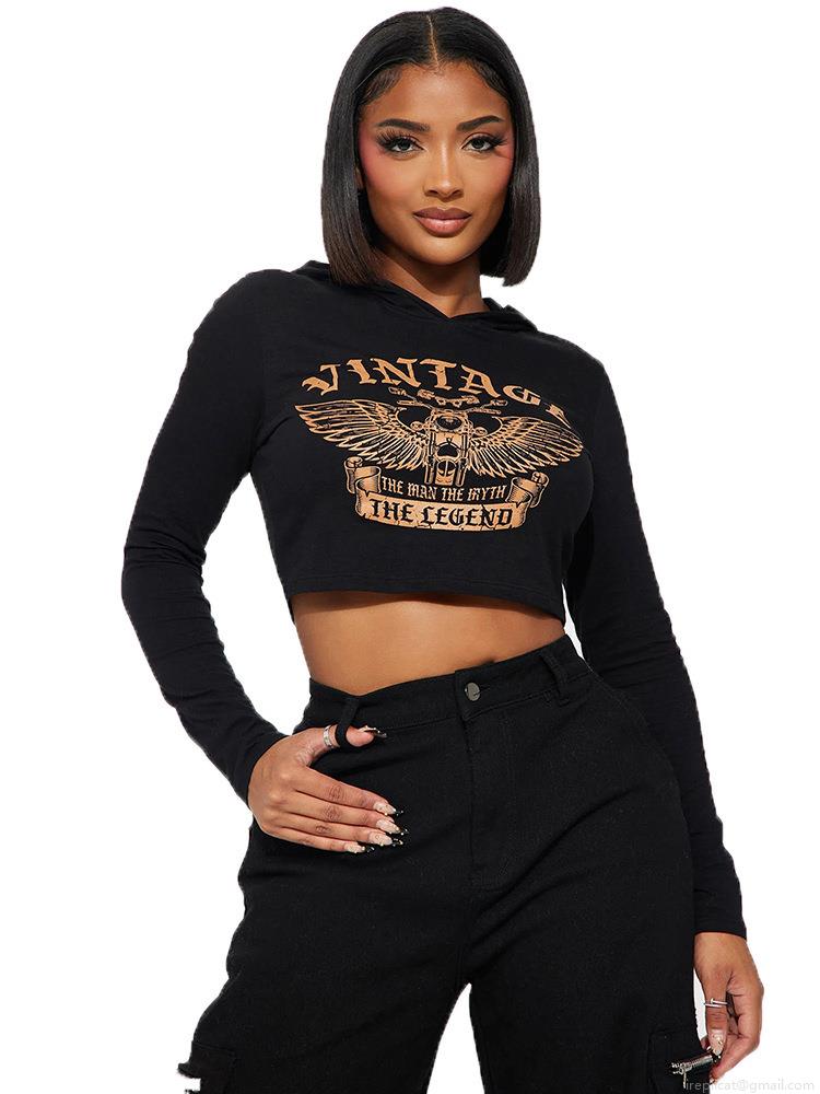 Women's Vintage Motorcycle Eagle Print Cropped Hoodie Sexy Long Sleeve Midriff Baring Sweatshirt Cotton Blend Hooded Top For Streetwear Fashion Casual Wear
