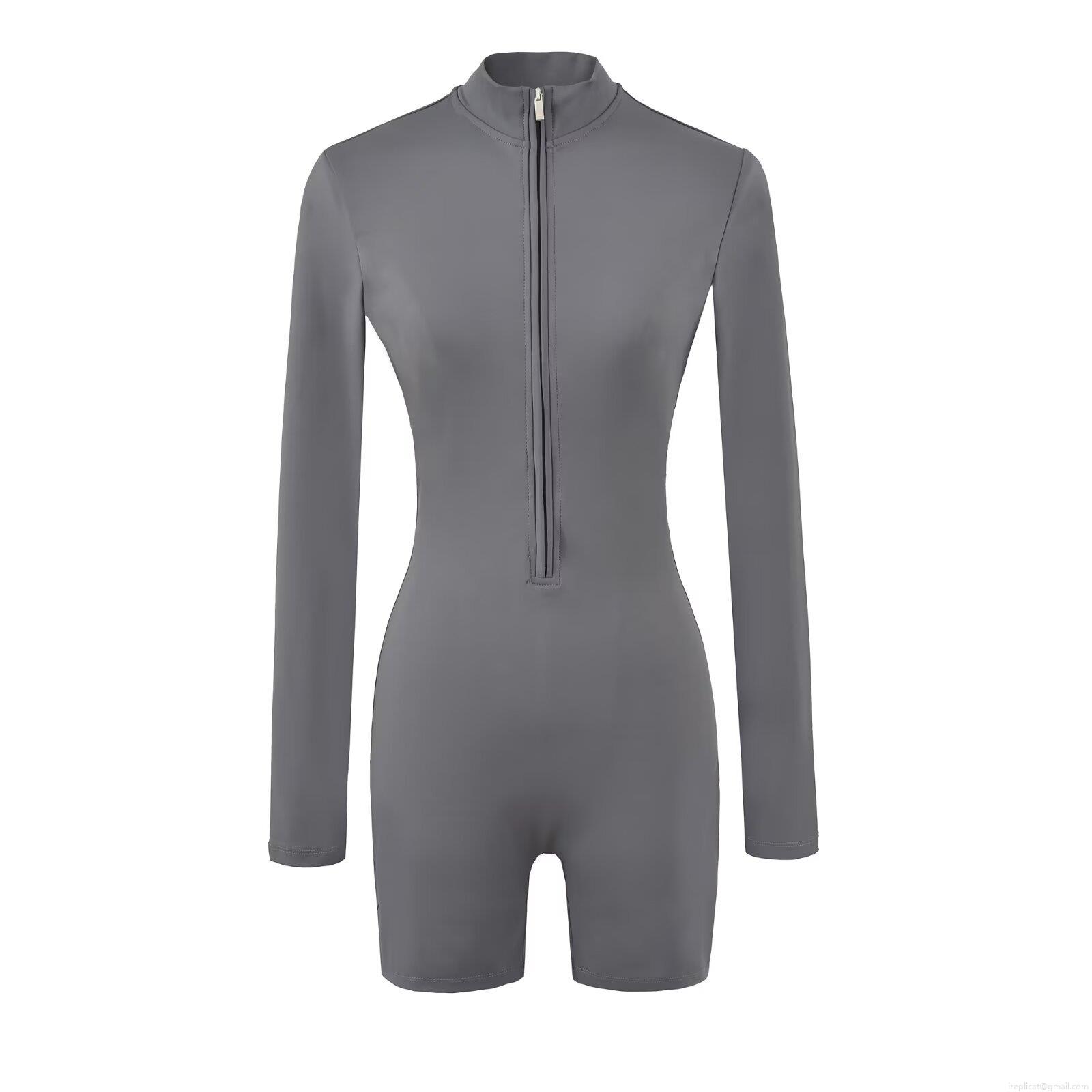 Women Long Sleeve Slim Fit Half Zip Up Romper One Piece Fitness Yoga Jumpsuit High Elastic Stand Collar Solid Short Jumpsuits For Workout Casual Streetwear