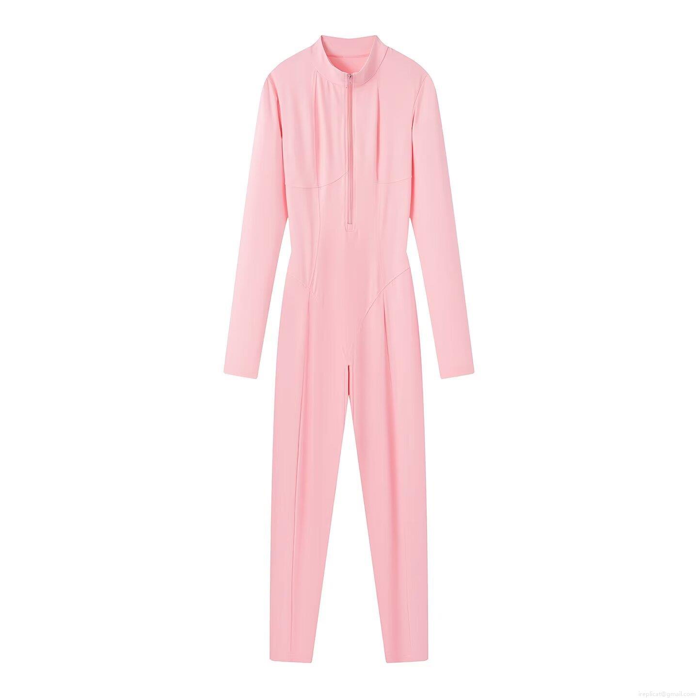 Women's Slim Fit Sporty Yoga Jumpsuit Long Sleeve Cotton Blend Catsuit With Zipper Mock Neck One Piece Bodycon Romper For Activewear Streetwear