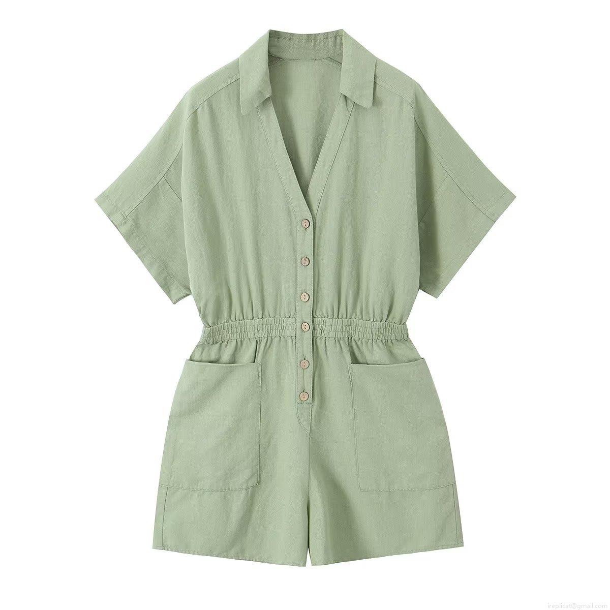 Women's Summer Short Sleeve Striped Romper V-Neck Button Down Jumpsuit Casual Loose Elastic Waist Playsuit with Pockets Urban Fashion Women Clothing
