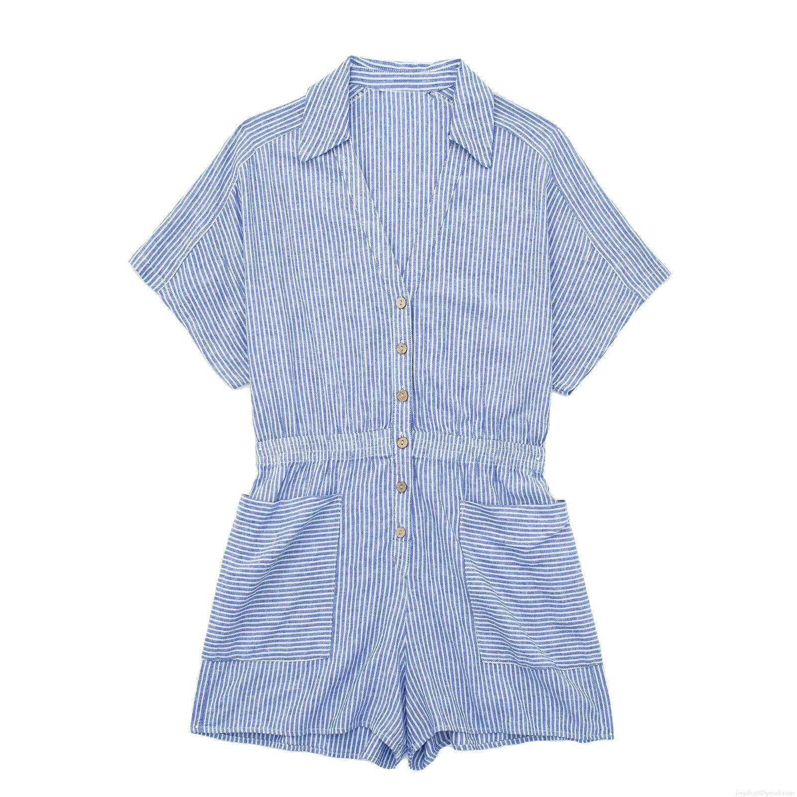 Women's Summer Short Sleeve Striped Romper V-Neck Button Down Jumpsuit Casual Loose Elastic Waist Playsuit with Pockets Urban Fashion Women Clothing