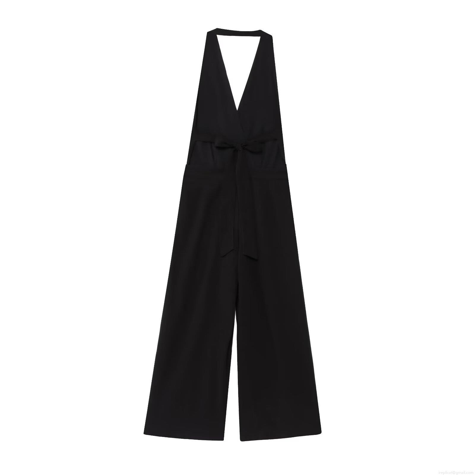 Women's Sexy Halter Neck Deep V Backless Jumpsuit With Back Bow Tie High Waist Wide Leg Long Pants Polyester Cotton Blend Elegant Streetwear One Piece Outfit