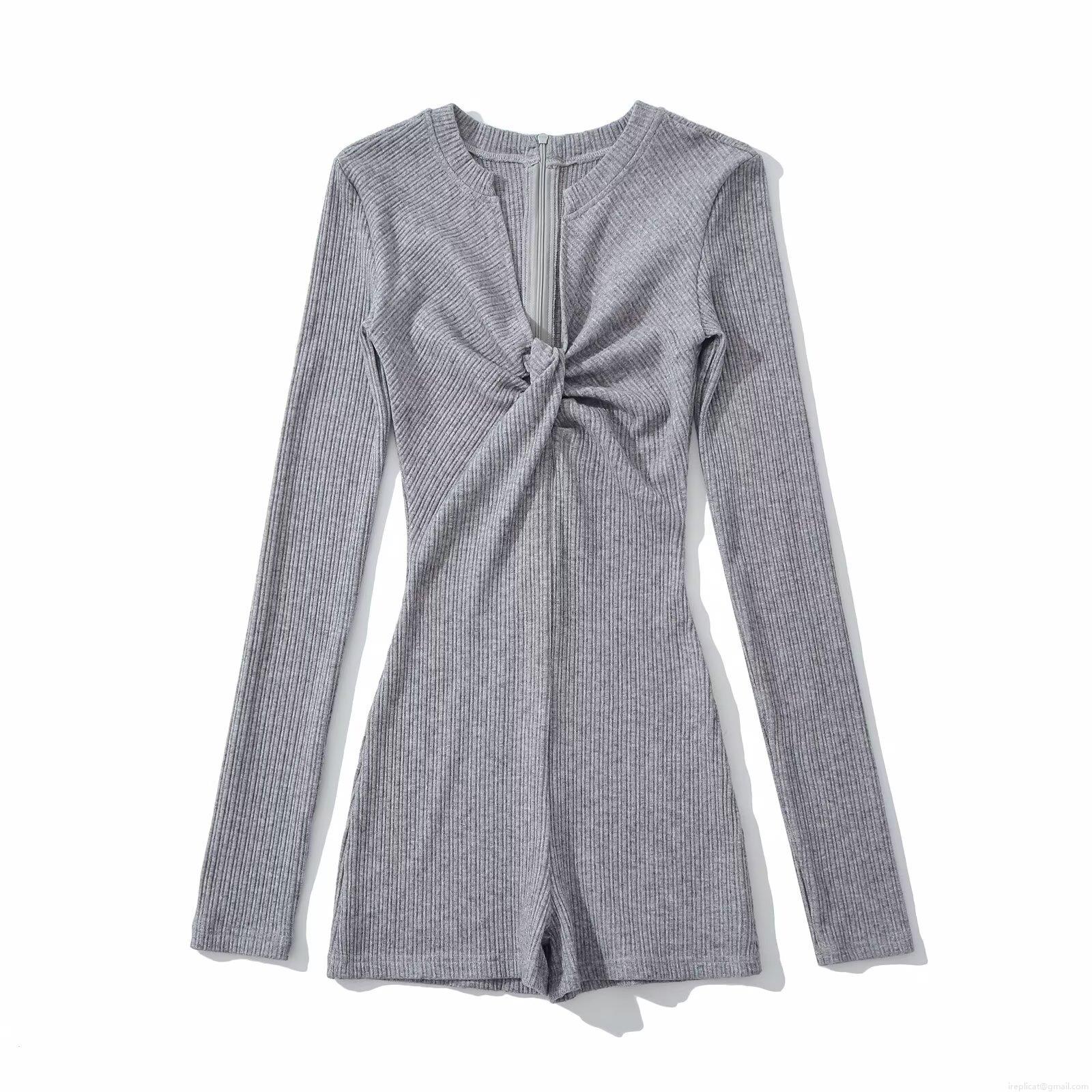 Women's Sexy Deep V Neck Long Sleeve Bodysuit Romper Ribbed Knit Slim Fit Jumpsuit With Twist Knot Zipper Casual Streetwear Fashion Women Clothing