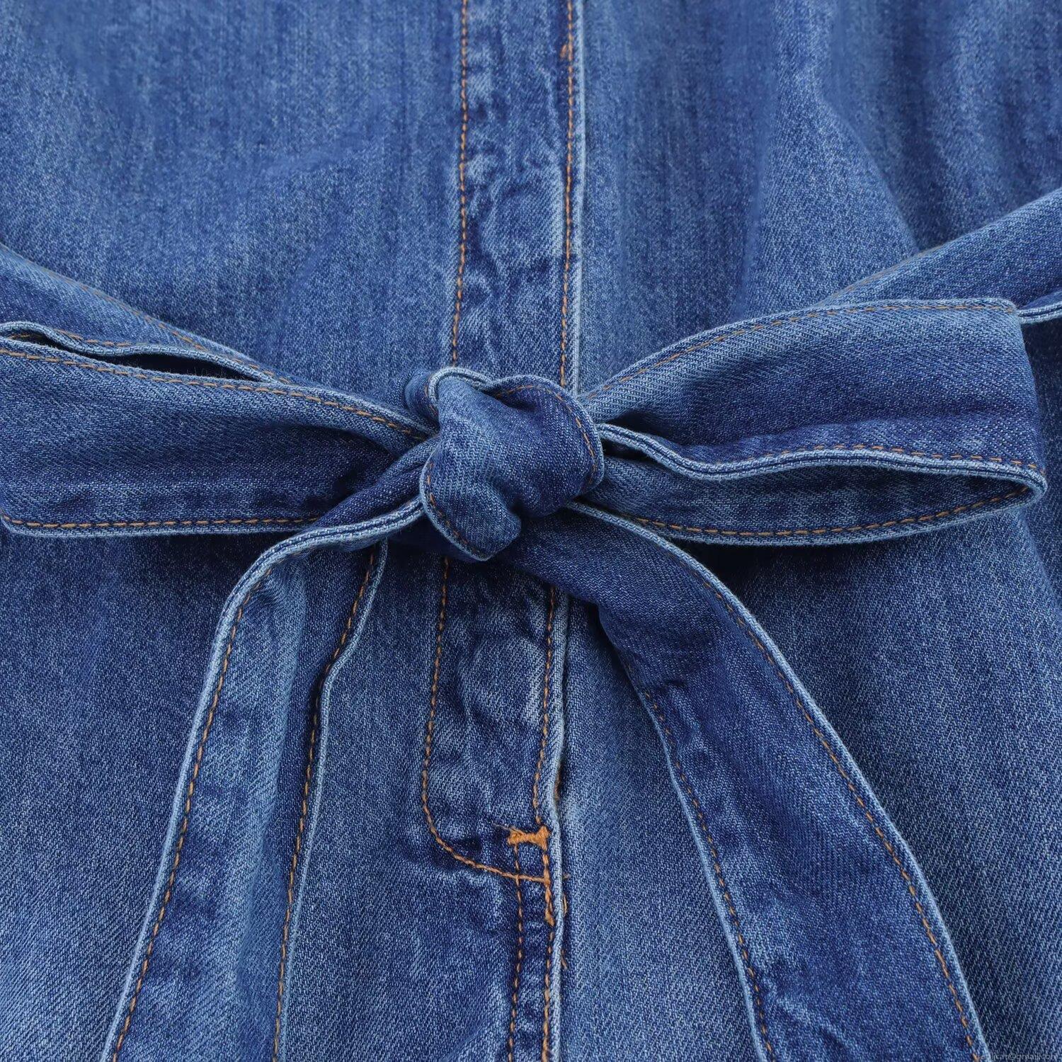 Women Western Style Denim Romper Short Sleeve Lapel Button Up Jumpsuit With Belt Royal Blue Summer Streetwear Casual Fashion Denim Playsuit