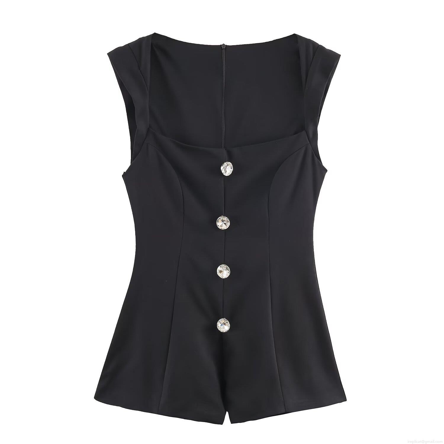 Women's Elegant Sleeveless Square Neck Jumpsuit With Jeweled Rhinestone Buttons Polyester Slim Fit One-Piece Short Romper For Summer Party Streetwear Casual