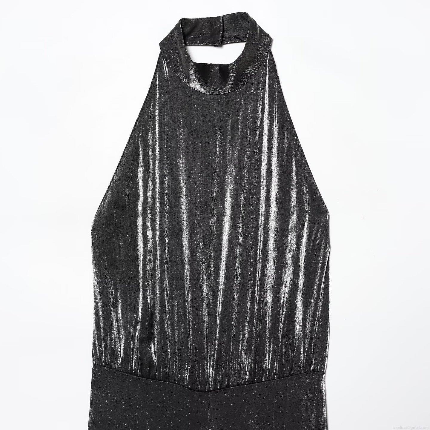 Sexy Halter Neck Backless Jumpsuit Metallic Shimmer Sleeveless Wide Leg Long Pants Party Clubwear Vacation Women Jumpsuits Rompers High Waist