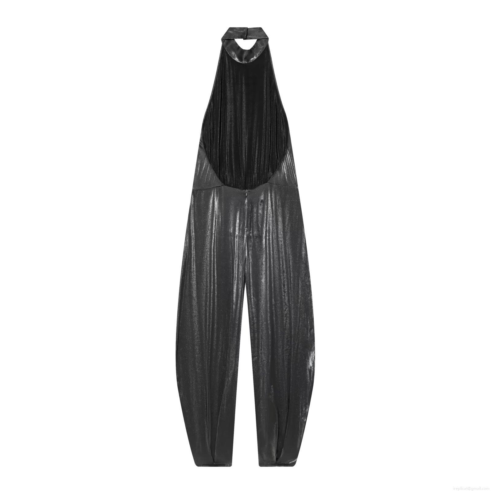 Sexy Halter Neck Backless Jumpsuit Metallic Shimmer Sleeveless Wide Leg Long Pants Party Clubwear Vacation Women Jumpsuits Rompers High Waist