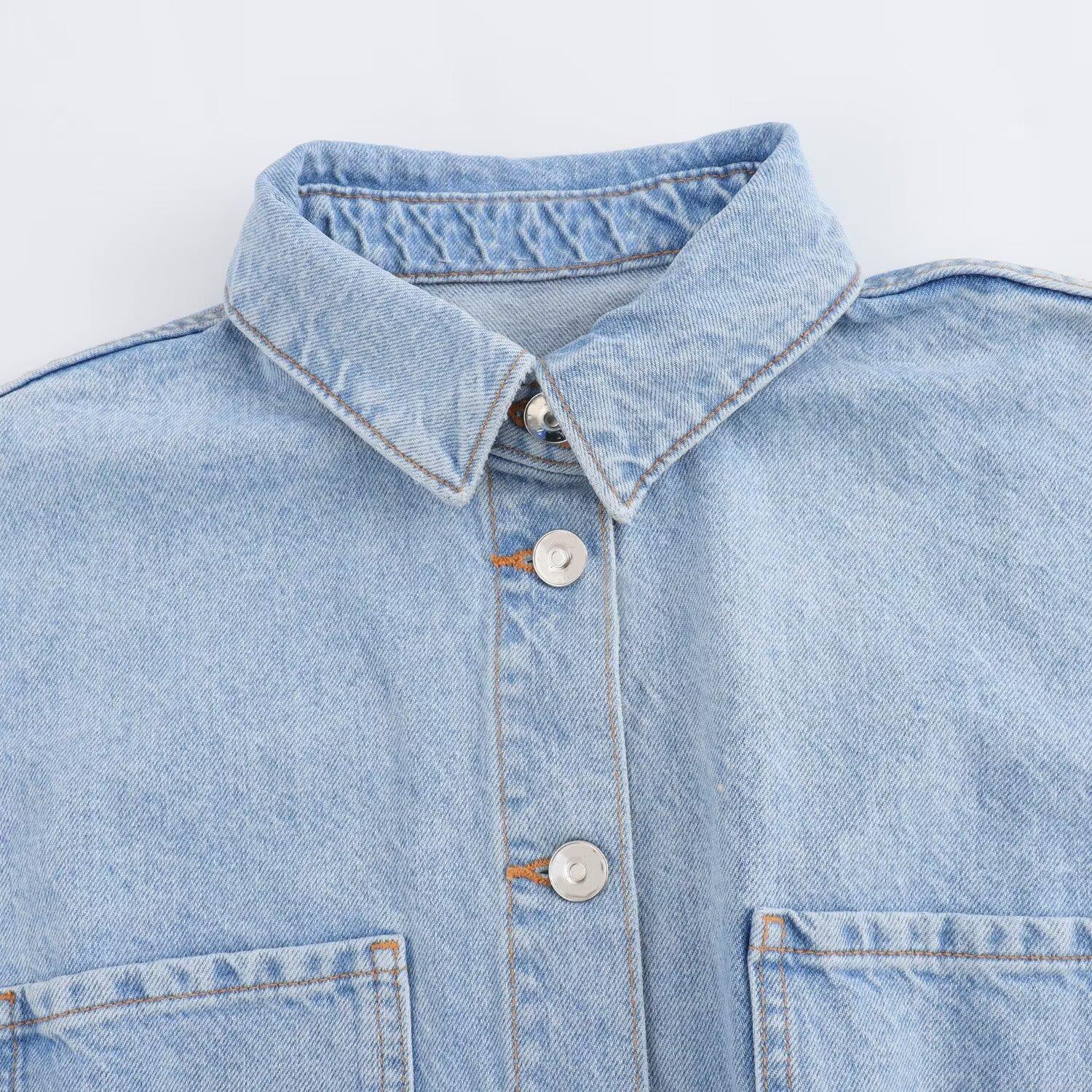 Women's Summer Short Sleeve Denim Romper Washed Cotton Turn-down Collar Button Up Cargo Jumpsuit With Pockets Casual Utility Playsuit Fashion One Piece Outfit
