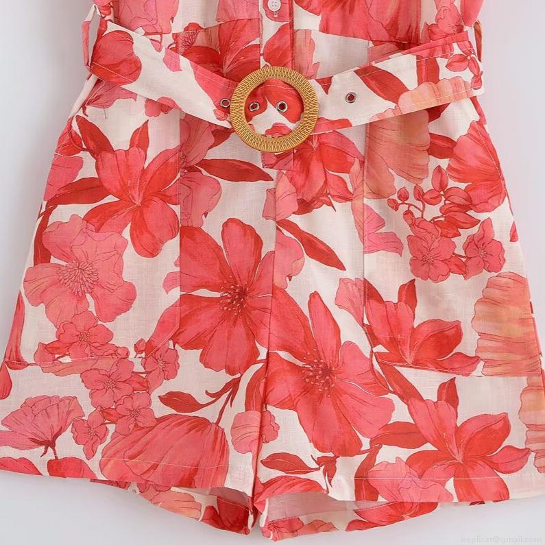 Women's Casual Floral Print Short Sleeve Jumpsuit With Belt Turn-down Collar Button Up Summer Holiday Romper Pocket Decorative Lightweight Outfit