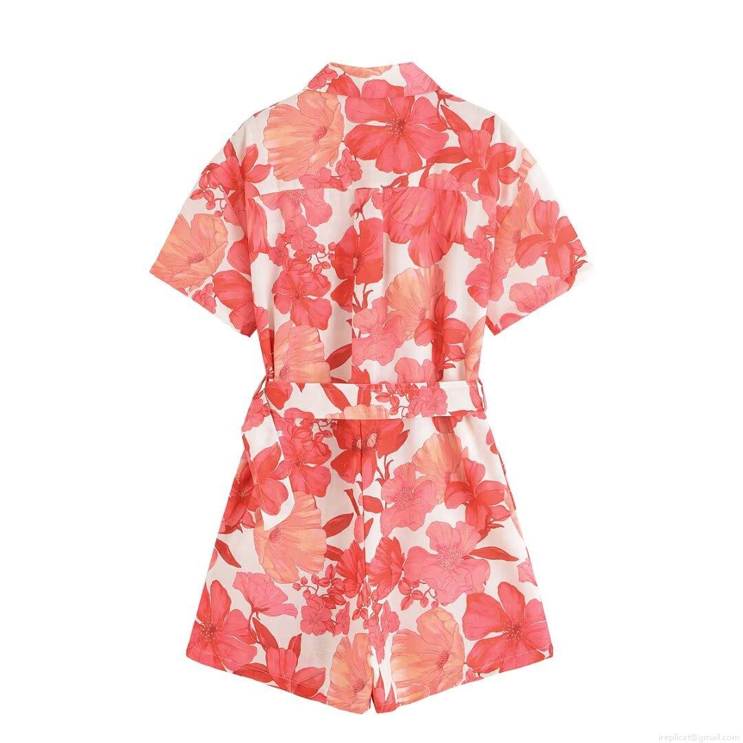 Women's Casual Floral Print Short Sleeve Jumpsuit With Belt Turn-down Collar Button Up Summer Holiday Romper Pocket Decorative Lightweight Outfit