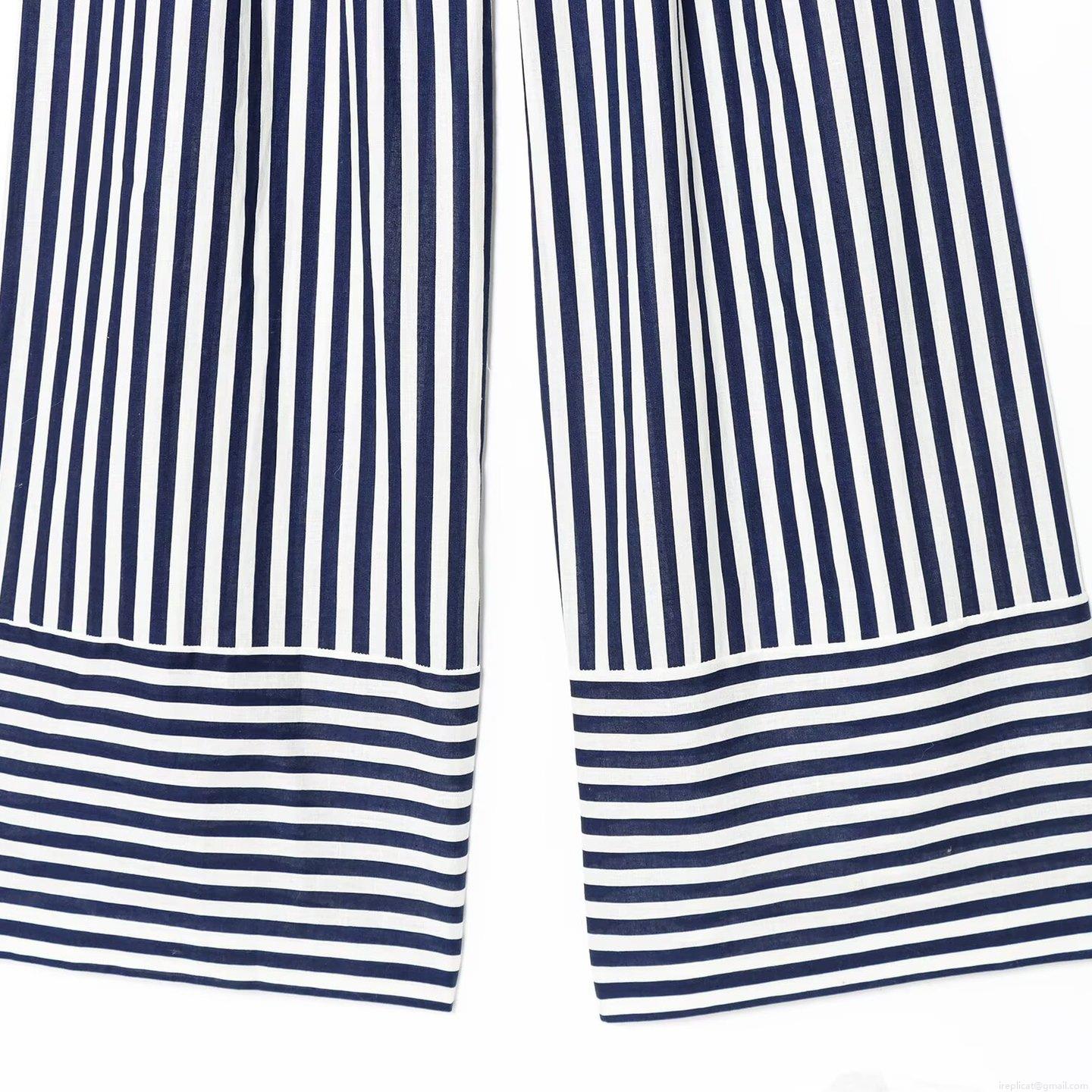 Women Halter Neck Jumpsuit Sleeveless Cotton Linen Blend Navy Blue Patchwork Blue White Striped Wide Leg Long Pant Casual One Piece Outfit With Waist Tie